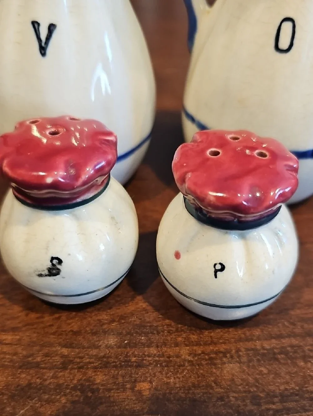 Cruet/Condiment 4 Piece Set Vintage Ceramic Hand Painted Japan Blue Bows Cottage